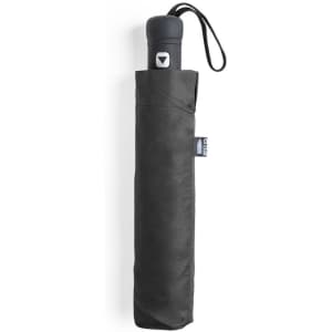 A black umbrella with a compact cover and a handle featuring a logo.