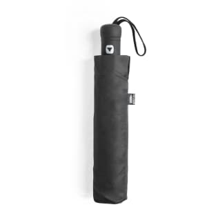 A black umbrella in a compact sleeve, featuring a handle with a branding logo.