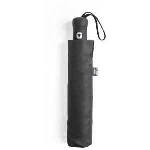 A black Nereus umbrella in a matching protective sleeve, featuring a handle with a logo.