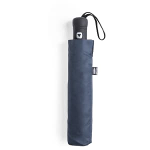 A navy blue umbrella stored in a compact carry sleeve, featuring a handle with a logo.