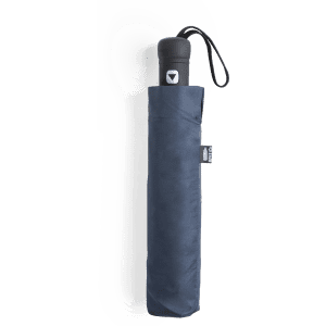 A navy blue compact umbrella with a black handle and a branding logo on the top. It is stored in a matching sleeve.