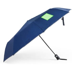 A navy blue umbrella with a curved handle and a square panel, featuring a logo on the side.