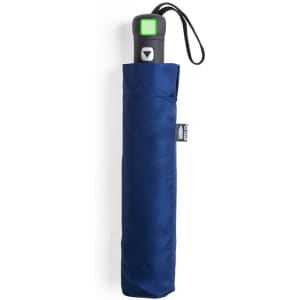 A navy blue umbrella with a grey handle, featuring a logo and a compact design for easy storage.