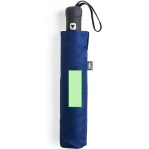 A navy umbrella with a black handle and a logo, presented in a matching navy cover.