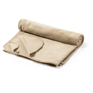 A rolled beige Bibbly Blanket with a soft texture and a stitched edge, featuring a small logo.
