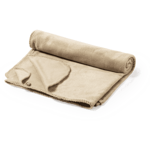A rolled beige blanket with a soft texture, featuring a stitched edge and a small logo.