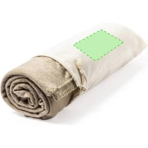 A rolled-up Bibbly Blanket in beige and cream, secured with a drawstring and featuring a label area.