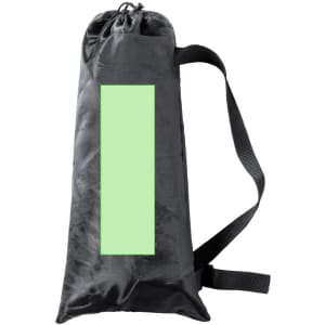 A black carry bag with a drawstring closure and a green area for branding. The bag features a shoulder strap.