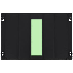 A black folding table with a green centre panel, featuring clips at the corners for securing.