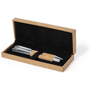 A set of metal pens in a cork box, featuring a sleek design with a natural cork grip and silver accents.
