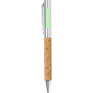 A metal pen with a cork grip and chrome accents, featuring a translucent green section and a clip.
