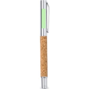 A metal pen features a green section and a cork grip. It has a silver clip and a polished finish.