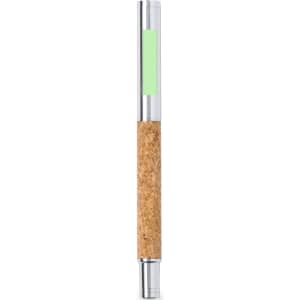 A metal pen with a cork grip and a green accent. The pen features a shiny chrome finish and a logo.