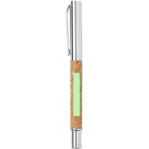 A metal pen featuring a cork grip and chrome finishes. The pen includes a logo on its body.