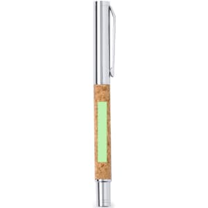A metal pen featuring a silver finish with a cork grip and a green accent. It includes a branding logo.