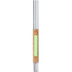 A metal pen with a shiny silver barrel and a cork grip, featuring a rectangular area of mint green.