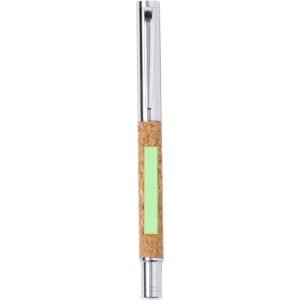 A metal pen featuring a cork grip and a silver finish, with a small logo on the body.
