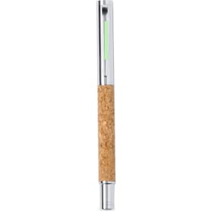 A metal pen with a silver barrel and a cork grip, featuring a green ink mechanism and a branding logo.