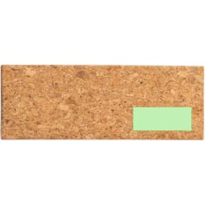 A cork notice board with a green label. Features a natural cork texture and rectangular shape.