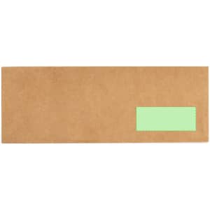 A brown envelope with a green label area, designed for storing or sending items.