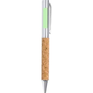 A metal pen with a cork grip and a green accent. It features a silver clip and tip.