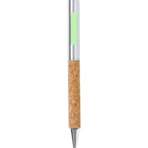 A metal pen with a cork grip and a clear barrel featuring a green section. It has a shiny silver tip and accents.