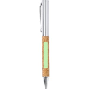 A metal pen with a cork grip and a green accent, featuring a clip and a shiny chrome finish.