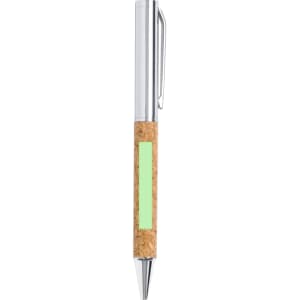 A metal pen featuring a cork grip and a green stripe, with a shiny silver clip. It has a logo on the side.