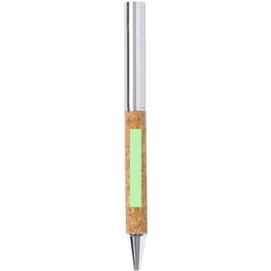 A metal pen featuring a cork handle and a silver tip, with a small logo.