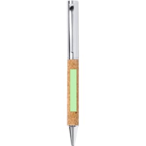 A metal pen with a chrome finish and a cork grip, featuring a logo on the side.