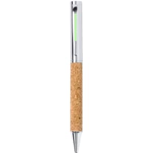 A metal pen with a silver finish and a natural cork grip, featuring a logo on its body.