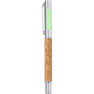 A metal pen featuring a cork grip and chrome accents, along with a branded logo.