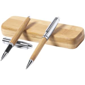 A set of two bamboo pens with chrome accents, packaged in a wooden box. The box has a natural finish.