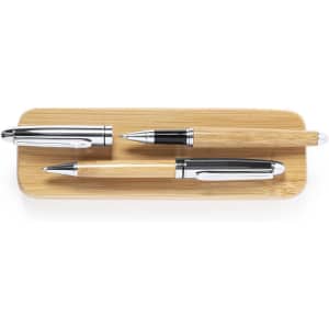 A bamboo pen set featuring three pens with chrome accents on a wooden tray.