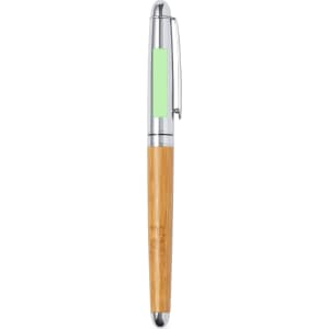 A pen with a bamboo body and chrome accents, featuring a green section and a clip. The product includes branding.