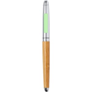 A sleek pen with a silver trim and a bamboo body, featuring a green section for branding.