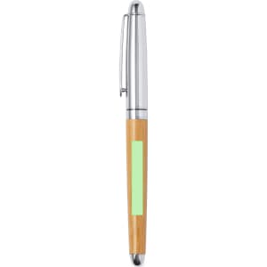 A silver pen with a bamboo body and a mint green section, featuring a clip and a logo.