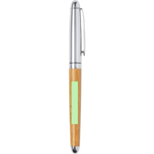 A sleek silver and bamboo pen with a green accent and clip. Features a minimalist design and a logo placement.