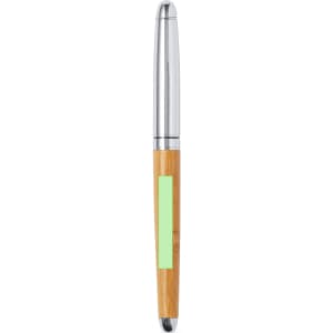 A pen with a bamboo body, silver accents, and a green section for branding.