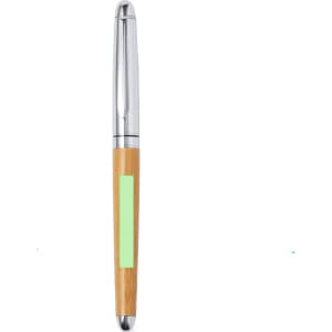 A pen with a silver chrome top and a bamboo lower section, featuring a blank green label area.