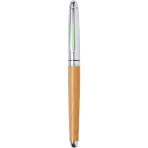 A pen with a bamboo body and chrome accents, featuring a green ink window. It has a logo on the barrel.