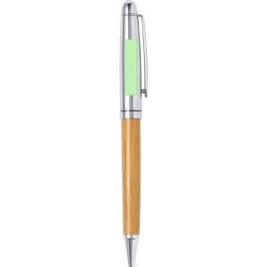 A sleek pen with a bamboo barrel and a chrome finish, featuring a green accent and silver clip.