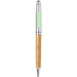 A stylish pen with a bamboo barrel and chrome accents, featuring a green area on the body.