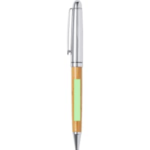 A bamboo pen with a chrome clip and a green accent. The pen features a logo on its body.