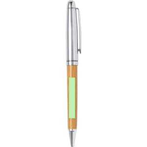 A sleek pen with a silver clip and a bamboo barrel, featuring a green accent area for branding.