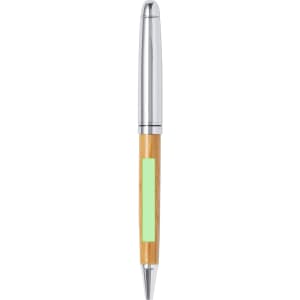 A bamboo pen with a shiny silver top and a green accent. It features a logo on the barrel.