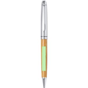 A sleek pen with a bamboo barrel, chrome accents, and a green section for branding or personalisation.