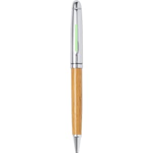 A sleek pen with a bamboo body and chrome accents, featuring a logo near the grip.