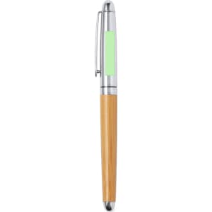 A pen with a silver clip and tip, featuring a bamboo body and a green accent. It has a logo on the barrel.