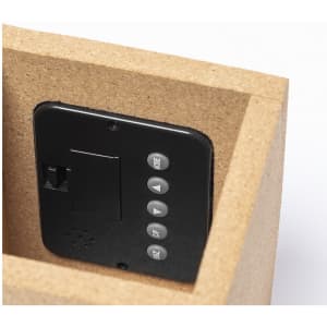 A multifunction pencil holder in a cork finish, featuring a black control panel with buttons.